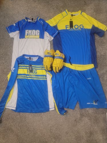 FROG Lacrosse Team Gear Lot Youth XL & Large Jerseys, Shorts, and Epoch Gloves