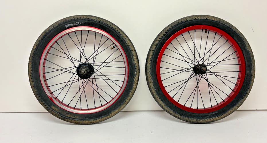 Fit Bike Co Red Anodized Aluminum Bolt-On 18" Kids BMX Wheelset + Tires