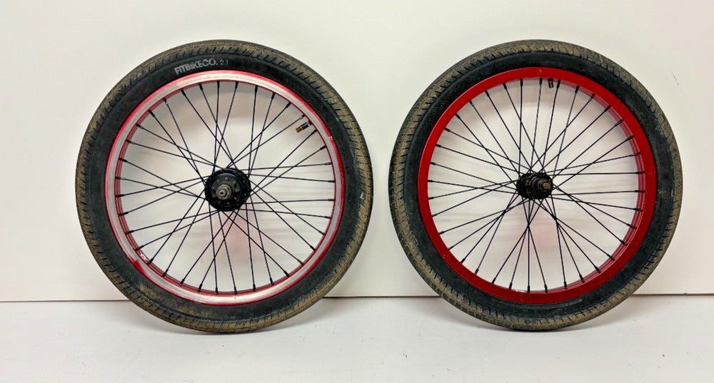 Fit Bike Co Red Anodized Aluminum Bolt-On 18" Kids BMX Wheelset + Tires