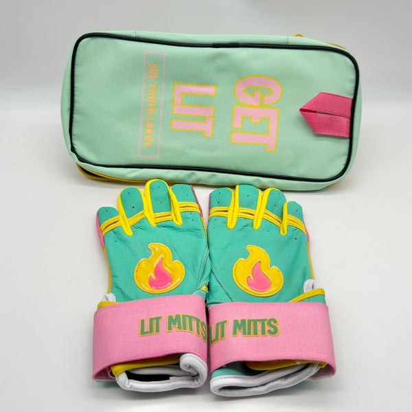 Lit Mitts Youth Large Mint Blast  Baseball Batting Gloves With Carrying Case