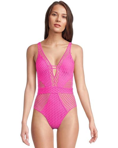BECCA Castaway Fishnet Texture Plunge One Piece Womens S Azalea Swimsuits TLW109