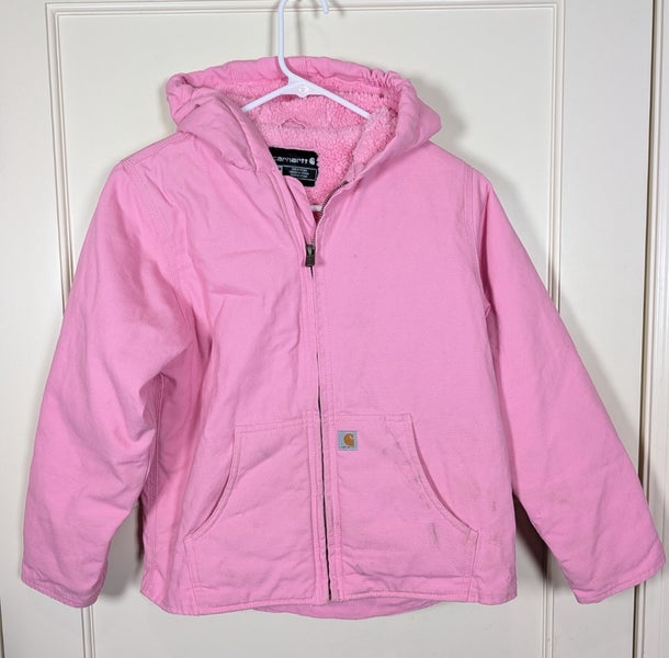 Carhartt Girls M 10-12 Pink Hooded Jacket Sherpa Lined Full Zip Workwear