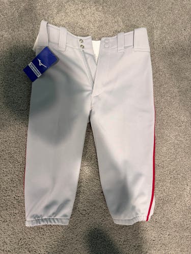 NEW! Mizuno Youth Premier Short Piped Baseball Pants Game Pants - Grey-Red - Youth Medium