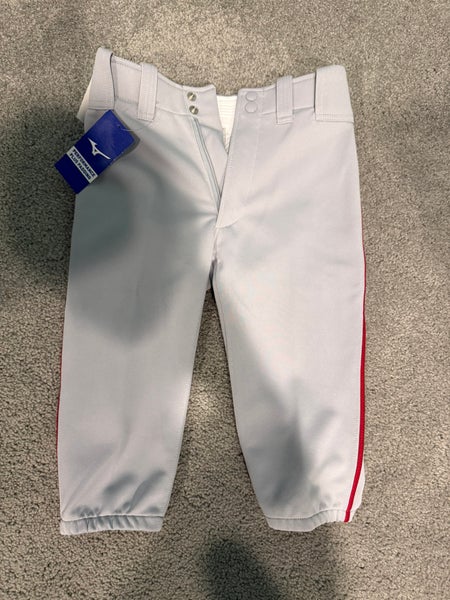 NEW! Mizuno Youth Premier Short Piped Baseball Pants Game Pants - Grey-Red - Youth Medium