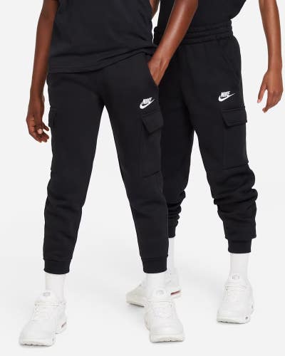 Nike Sportswear Cargo Pants Unisex Kids XL Black Cotton Fleece Drawstring TLW164