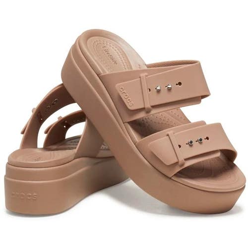 Crocs Brooklyn Buckle Slide Womens 7 Latte Double Strap Low Wedge Sandals TLW162