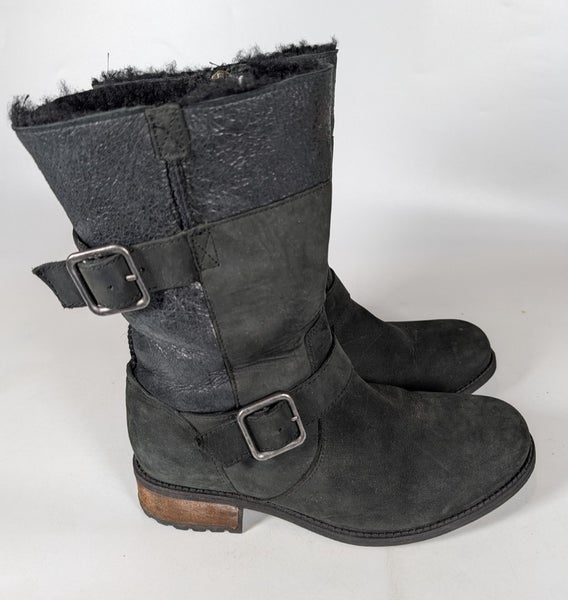 UGG Women's Oregon Boot Black Leather Shearling Lined Buckle Size 8 Winter