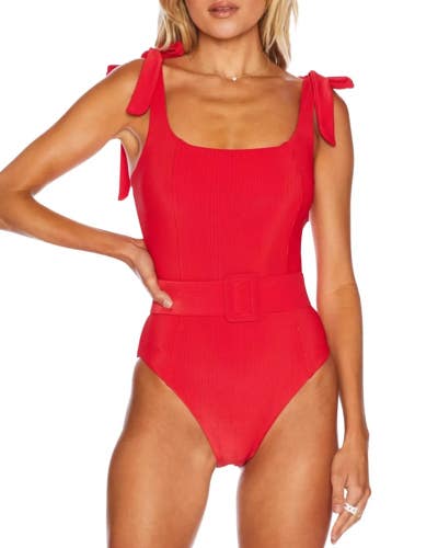Beach Riot Sydney Belted 1-Piece Women S Red Tie Shoulder Straps Swimsuit TLW205