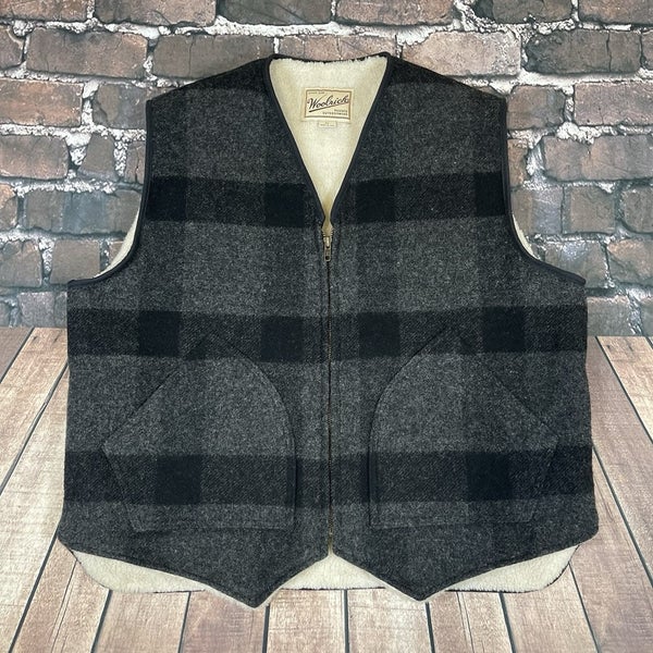 Vintage Woolrich Vest Mens XL Charcoal Black Sherpa Lined Full Zip Wool USA Made