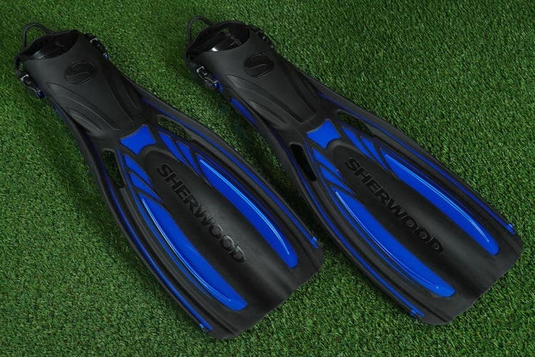 SHERWOOD ELITE OPEN HEEL DIVE FINS BLUE / BLACK, SIZE LARGE 11-12 ~ NEVER USED!!