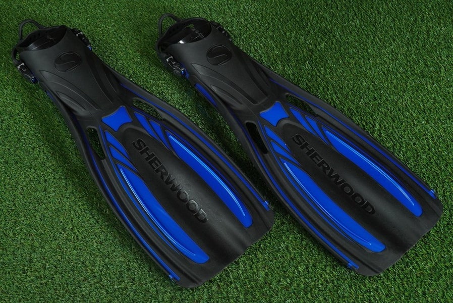 SHERWOOD ELITE OPEN HEEL DIVE FINS BLUE / BLACK, SIZE LARGE 11-12 ~ NEVER USED!!