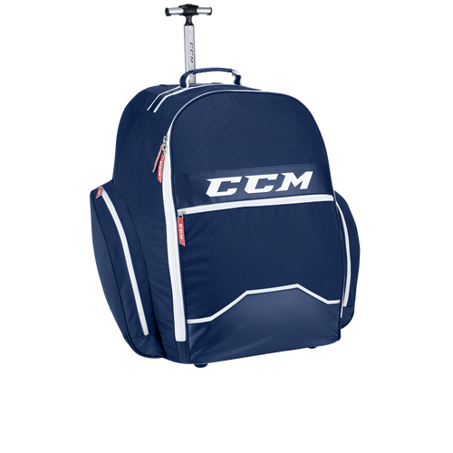 New White/Navy CCM 390 Wheeled Player Core Carry Bag | #191520294502