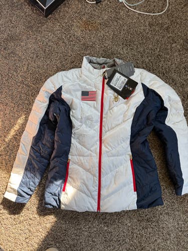 Spyder US Ski Team National Down Jacket Women's Size XL White/Navy NWT