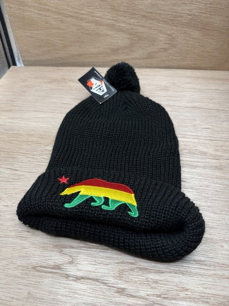 Black Rasta California Bear Black Whang Beanie New With Tag