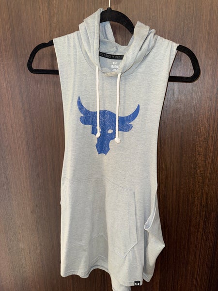 Men’s used under Armour project rock sleeveless tank hoodie size LARGE