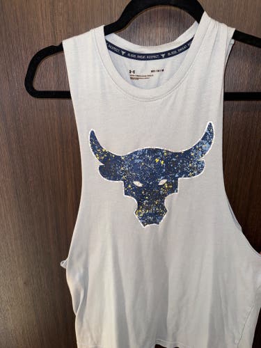 Men’s medium adult USED Project Rock muscle cutoff Under Armour - paint spatter logo