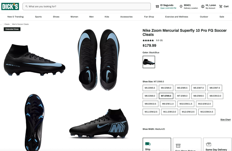 Black Unisex Size M 7.0 (W 8.0) Nike Mercurial Superfly Molded Cleats Cleats (New)