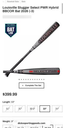 2026 Louisville Slugger Select PWR Hybrid BBCOR Certified Bat (-3) 30 oz 33"
