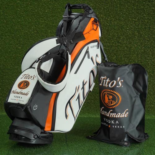 TITO'S X VESSEL PLAYER III STAND BAG 6 WAY DIVIDERS GOLF BAG WHITE/ORANGE ~ NEW!