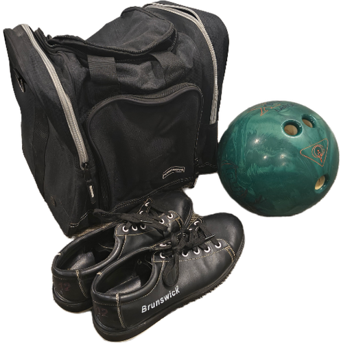 Bowling ball, bag and shoes