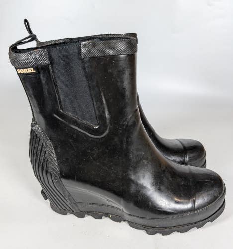 Sorel Boots Joan Rain Wedge Chelsea Ankle Bootie Rubber Womens Size 10 Black