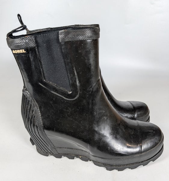 Sorel Boots Joan Rain Wedge Chelsea Ankle Bootie Rubber Womens Size 10 Black