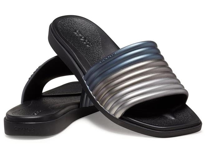 Crocs Miami 210041-001 Slide Womens 9 Metallic Black Slip On Flat Sandals TLW254