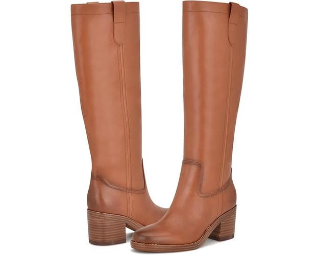 Nine West Hecee Boots Women's US 8.5 Cognac Leather Round Toe Knee-High TZP359