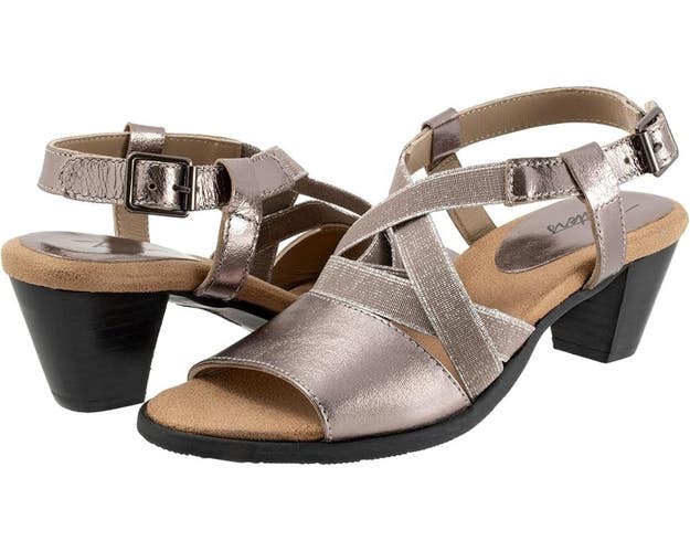 Trotters Meadow Sandals Women's US 9 Pewter Leather Block Heel Strappy TZP308