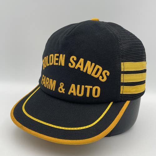 Vintage Golden Sands Farm & Auto Three Striped Snapback Trucker Hat Cap Rare USA
