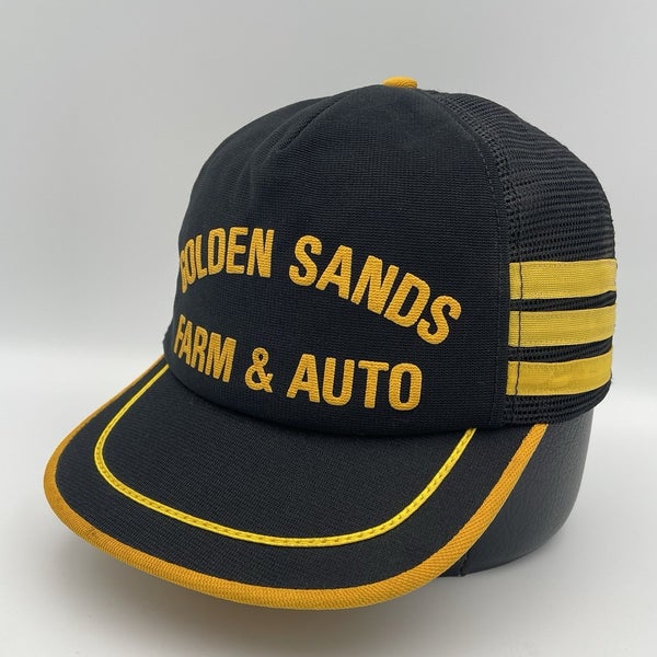 Vintage Golden Sands Farm & Auto Three Striped Snapback Trucker Hat Cap Rare USA