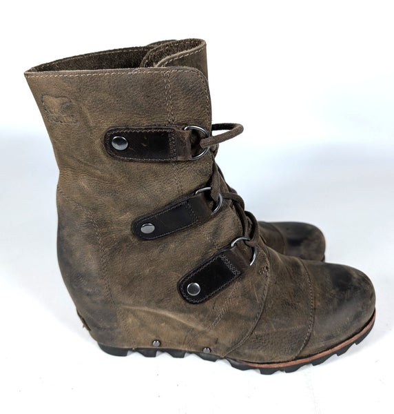 Sorel Joan of Arctic Brown Leather Wedge Boots Lace Waterproof Boho Size: 8.5