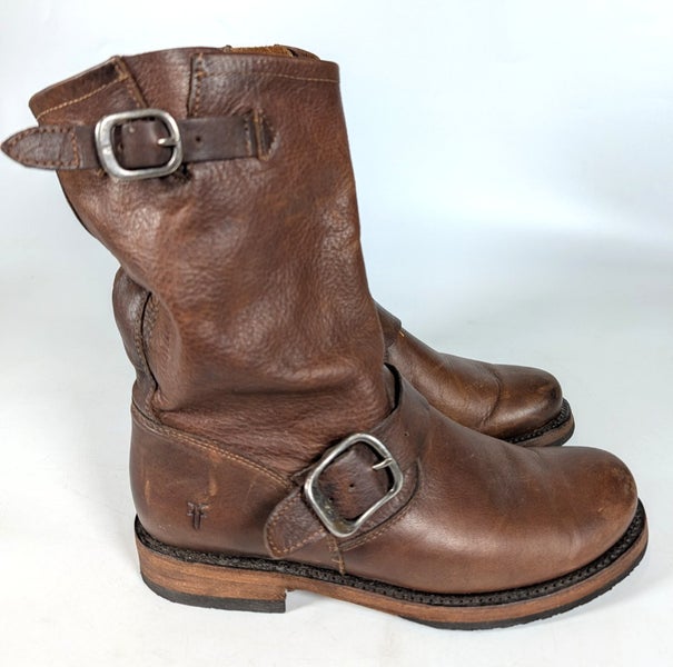 Frye Veronica Short Moto Brown Leather Boot Silver Buckled Women's Size 8 B