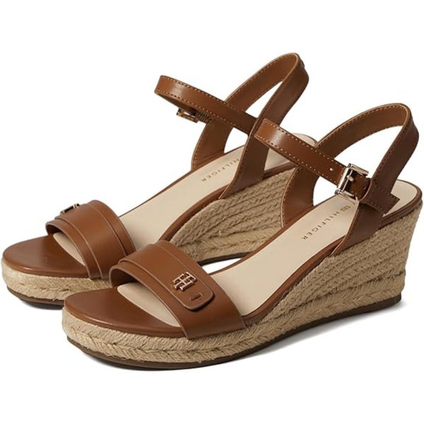 Tommy Hilfiger Genavo Sandals Women's 10 Brown Leather Ankle Strap Wedge TZP277