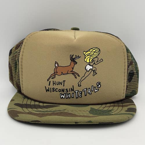 Vintage I Hunt Wisconsin Whitetails Deer Hunting Camo Snapback Trucker Hat Cap
