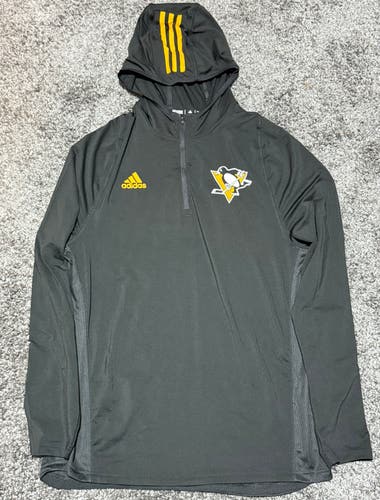 Pittsburgh Penguins Team Issued Black Men's Large Adidas Quarter Zip Hooded Pullover