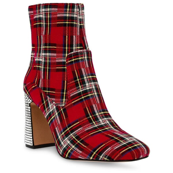 Betsey Johnson Blanche Boot Womens Red Plaid Rhinestone Block Heel Bootie TZP411