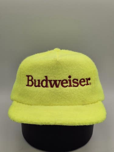 Vintage Budweiser 1990s Beer Promo Neon Green Fuzzy Made In USA Hat Vtg Snapback