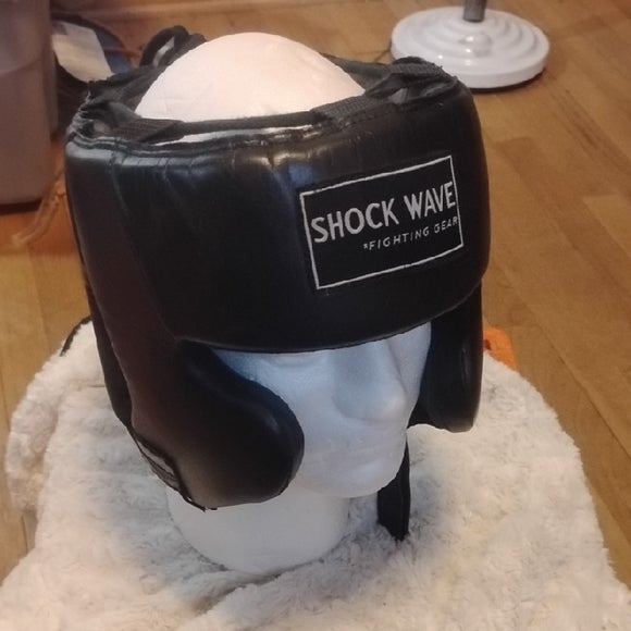 Shock Wave Black leather boxing Headgear mma sparring adult l