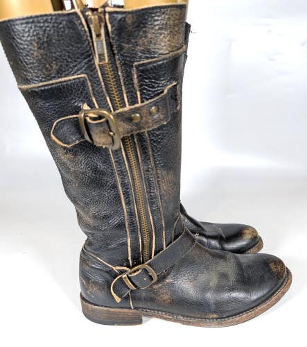 Bed Stu Gogo Lug Tall Leather Boots Black Rustic Distressed Buckle Size 9