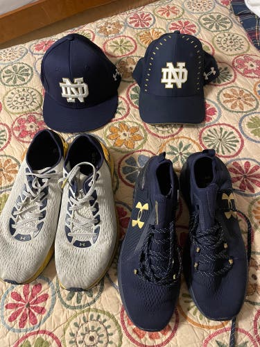 Notre Dame Under Armour Hats (cap and baseball hat) + Notre Dame issued shoes (used)