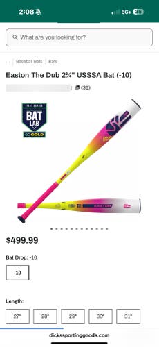 2026 Easton Dub Composite USSSA Certified Bat (-10) 19 oz 29" (New)