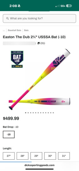 2026 Easton Dub Composite USSSA Certified Bat (-10) 19 oz 29" (New)