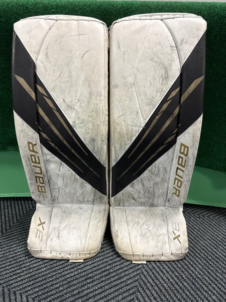 White Black & Gold Bauer Vapor 3X Goalie Leg Pads (Used) | Intermedate Medium (31+)