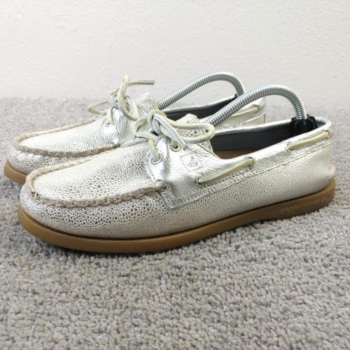 Sperry Top Sider 2 Eye Boat Shoe Womens Size 7.5 Loafers Silver Lace Up
