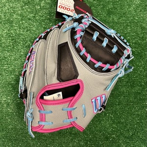 Wilson A2000 M23 SuperSkin 33.5" Baseball Catchers Mitt - Grey Black Pink Blue