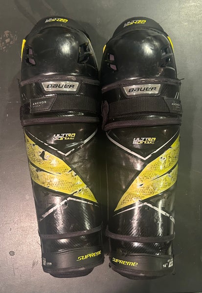 Senior Bauer Supreme ultrasonic 16" Shin Pads with added Shot Blocker(Used)