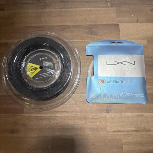 New Reel Dunlop  S-gut 130/16 200m. (blk) and Set of Luxilon Alu Power Vibe 125