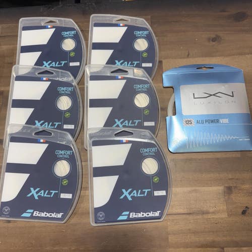 New 6 Sets Babolat Xalt 130/16 and Set of Luxilon Alu Power Vibe 125