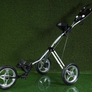 BAG BOY EXPRESS LS PUSH PULL 3 WHEEL GOLF BAG PUSHER, SILVER + UMBRELLA HOLDER